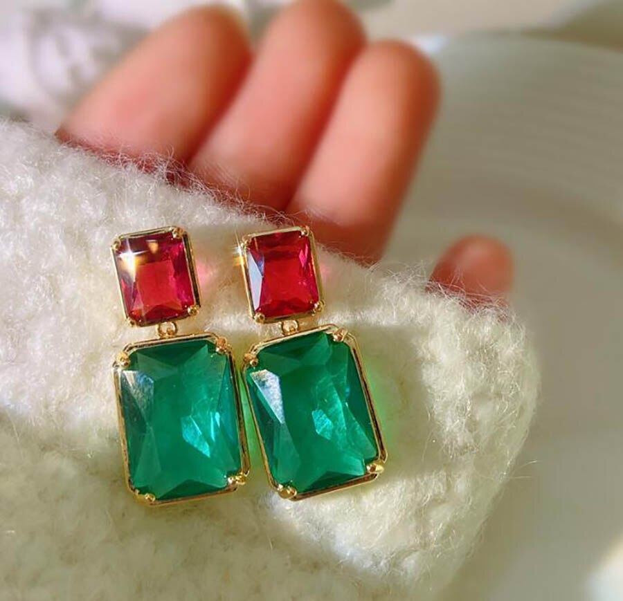 French retro simple square geometric emerald crystal square ruby luxury earrings elegant women classic pendant fine jewelry