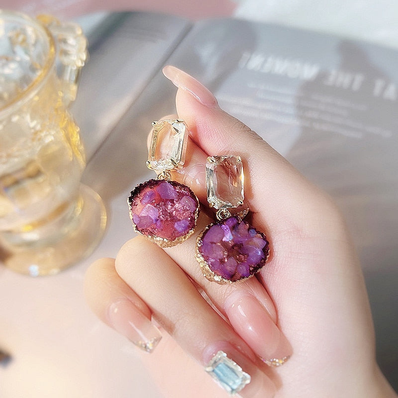 Fashion Purple Color Irregular Druze Stones Dangle Earrings For Women